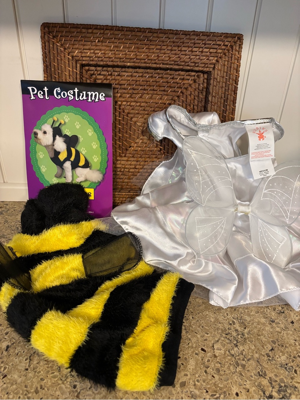 Two Pet Costumes Dog/ Cat Bee Stripe Jacket Sz S and Angel Dress Sz M